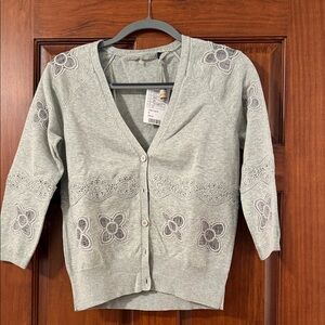 Anthropologie Light Gray Floral Crochet Cardigan